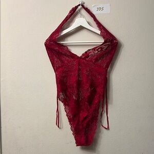 Fredericks Red Lace Chemise with Plunging Neckline and High-Cut Legs